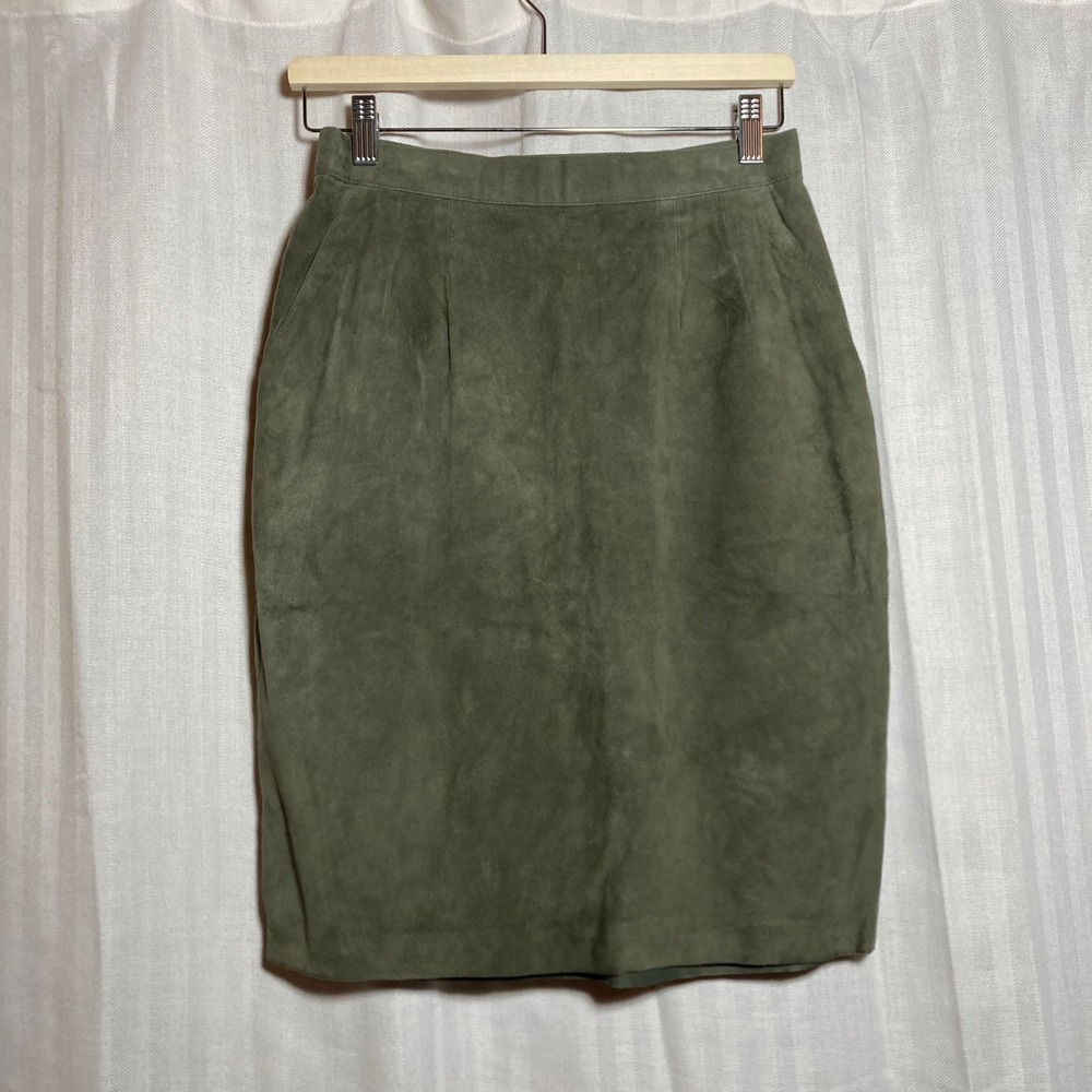 Anne Klein II Vintage Olive Green Suede Pencil Skirt Petite 10 Made in USA